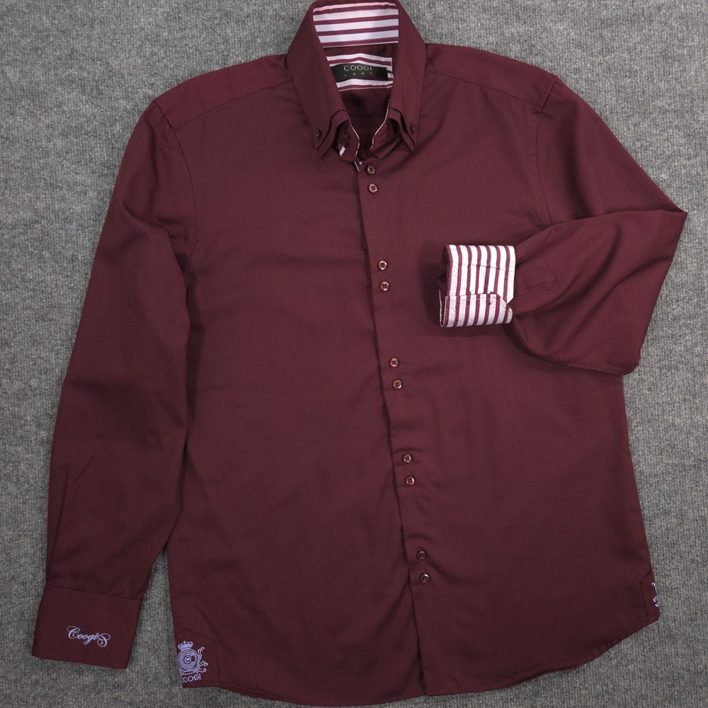 COOGI Luxe Shirt Mens L 16.5-35 Burgundy Embroidered Crest Flip Cuff Long Sleeve